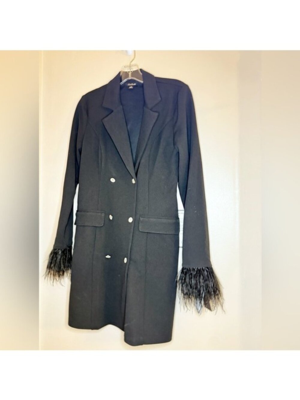 NWT Black Double Breasted Blazer Dress Feather Cuff
